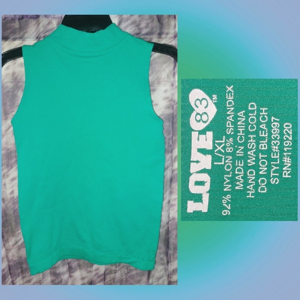 Love 83 brand Dark Mint Green Ribbed Soft Knit Mock Turtleneck Tank Top Sz L/XL